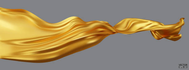 istock Flying gold silk textile fabric flag background. Smooth elegant golden Satin Isolated on gray Background for grand opening ceremony. Yellow curtain. 3d vector illustration. 1474043667