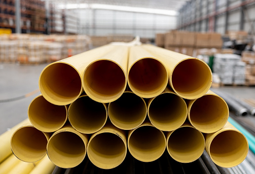Stock of PVC pipes at a distribution warehouse