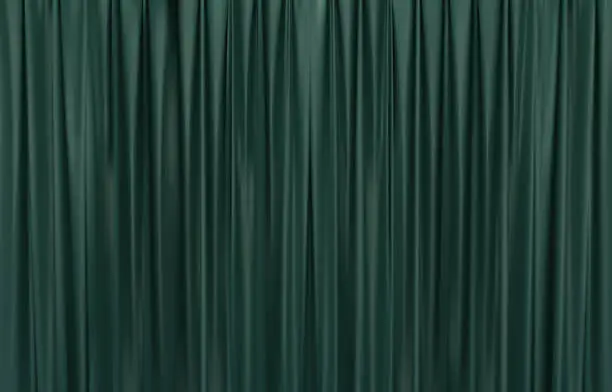 Vector illustration of The closed dark green curtain in the theatre background. Theatrical drapes. Green curtains on a theatre stage. 3D Vector illustration.