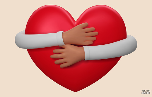 3D hands hugging a red heart with love. Cartoon Hand embracing heart with white sleeve isolated on beige background. love yourself. Used for posters, postcards, t-shirt prints. 3D vector illustration.