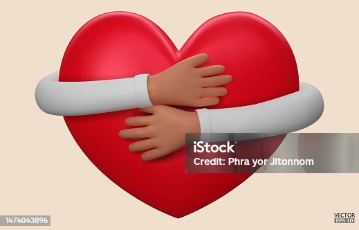 istock 3D hands hugging a red heart with love. Cartoon Hand embracing heart with white sleeve isolated on beige background. love yourself. Used for posters, postcards, t-shirt prints. 3D vector illustration. 1474043896