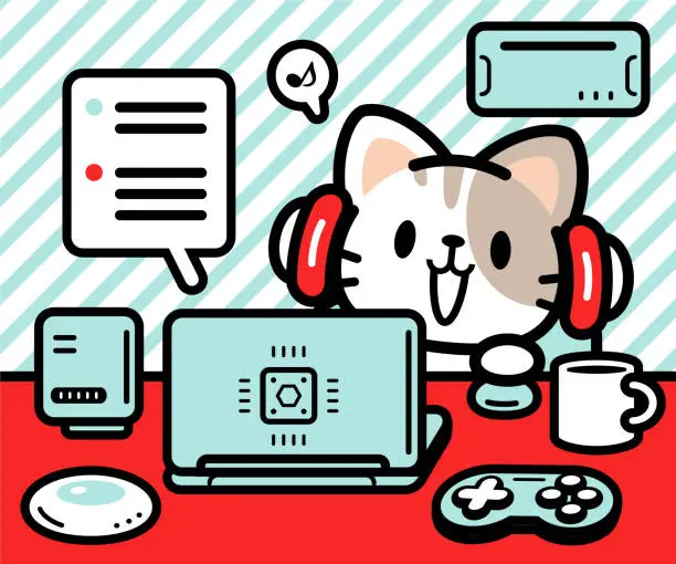 Vector illustration of A cute cat sitting at a desk and using a laptop and interacting with artificial intelligence and enjoying technology