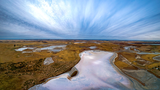 Aerial views of the pink salt lake outside of Meningie in the Coorong National Park South Australia