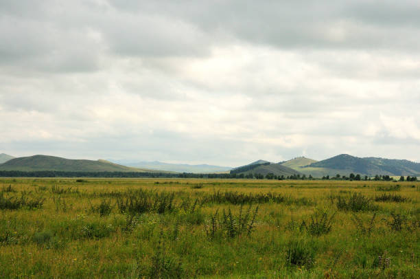 istock Flat endless steppe at the foot of a high mountain range under a cloudy summer sky. 1474045669