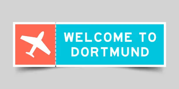 Vector illustration of Orange and blue color ticket with plane icon and word welcome to dortmund on gray background