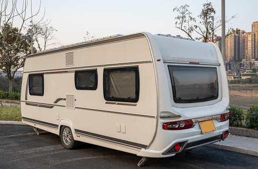 Caravan parking in modern city with nobody.