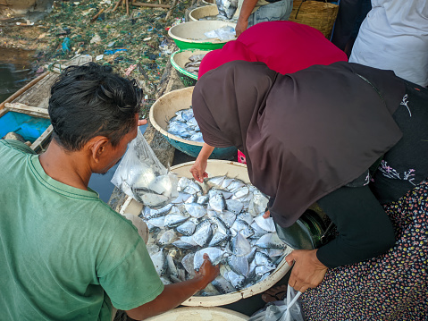 Fresh fish caught by fishermen are sold at the fish market in Pelabuhanratu. Sukabumi, Indonesia - March 17, 2023.