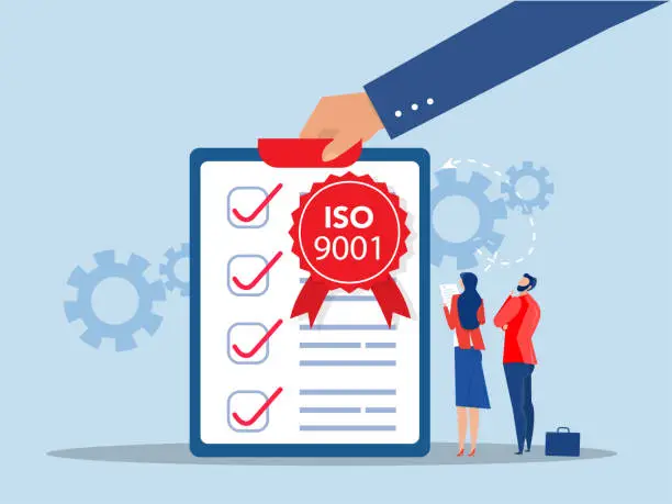 Vector illustration of ISO 9001 system and international certification concept Team Business analysis with  passed standard quality control vector illustrator