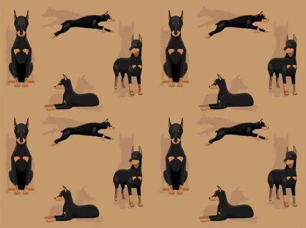 Vector illustration of Dog Doberman Pinscher Cute Cartoon Poses Seamless Wallpaper Background