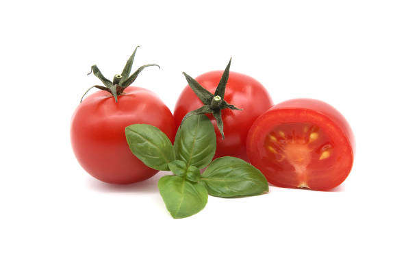 istock Fresh green basil leaves and cherry tomatoes isolated on white 1474060160