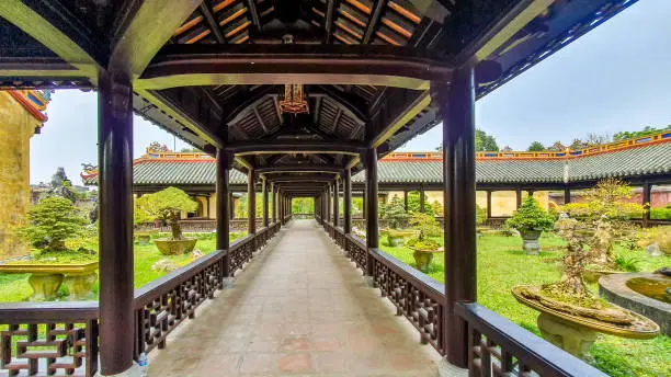 A Beautiful Corridor At Garden In Hue Imperial Citadel. The Imperial Citadel Of Hue, A UNESCO Cultural Heritage Is A Major Tourist Destination In Vietnam.