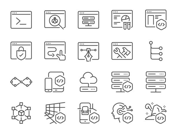 icon-set für softwareentwicklung. es enthielt symbole wie code-editor, codierung, entwicklung mobiler apps, front-end-entwicklung und mehr. - back office stock-grafiken, -clipart, -cartoons und -symbole