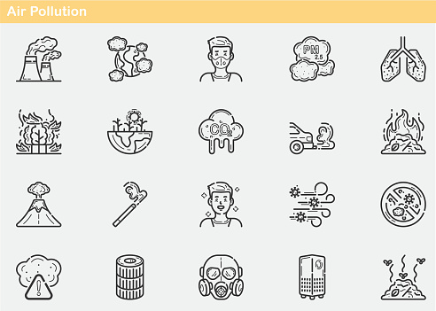 Air pollution , Air Purifier , Dust, Oxygen, Anti-bacteria , pm 2.5, Air filter , Smoke , Factory , Carbon Dioxide , Gas , Analysis and Control of Excess Gases Icon Set, Outline, Flat , Line Icons