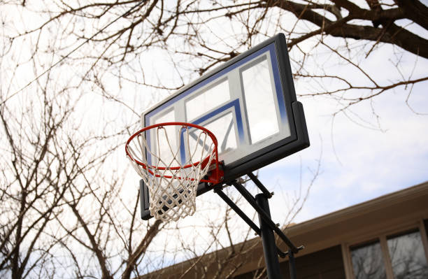 バスケットボールのフープ屋外ショーバックボードは、自宅で楽しいスポーツ競技を示し、運動とチームレクリエーションの重要性を示しています - basketball team sports healthy lifestyle isolated objects ストックフォトと画像