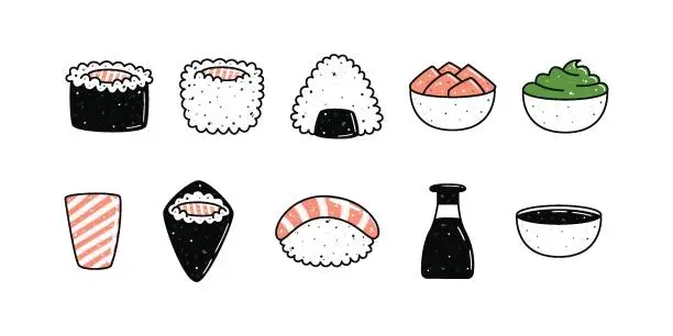 Vector illustration of Set of kawaii sushi mascots in cartoon style. Different types of sushi