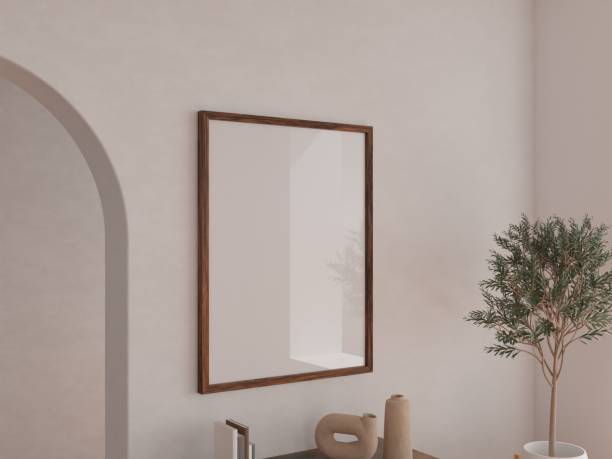 istock Interior poster mock up with vertical empty wooden frame on wall in living room. 3D rendering. 1474067448