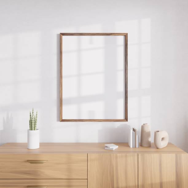 istock Vertical wood frame mockup in living room interior with window light shadow. 3d rendering, 3d illustration 1474067454