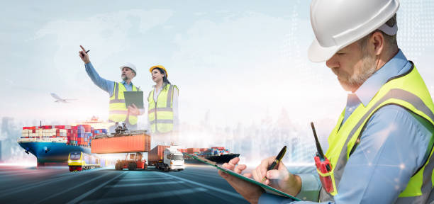 istock Engineer working at industrial port and construction container checking inspection concept, Global business logistics and transportation import export cargo freight ship distribution with copy space 1474068682