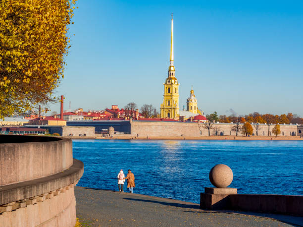 Peter and Paul Cathedral and Vasilyevsky island spit in autumn, Saint Petersburg, Russia Peter and Paul Cathedral and Vasilyevsky island spit in autumn, Saint Petersburg, Russia peter and paul cathedral st petersburg stock pictures, royalty-free photos & images