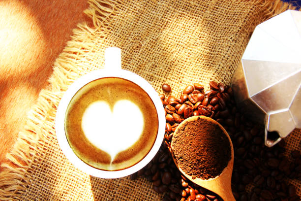 cup of cappuccino and espresso, latte art with milk , colombian coffee