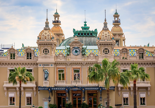 Monte Carlo, Monaco - May 26, 2017: Ornate facade of the Grand Casino famous gambling and entertainment complex on Place du Casino