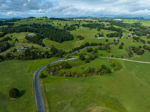 Aerial New Zealand countryside view in North Island New Zealand