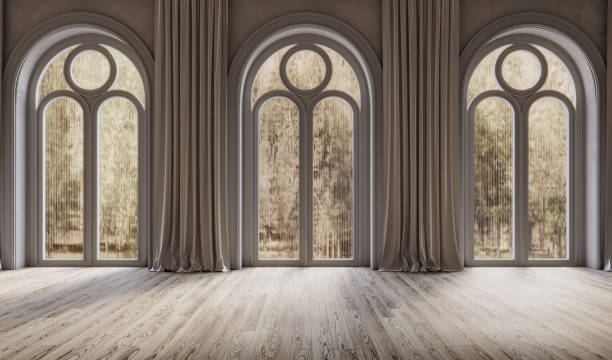 istock Living room interior with arch windows, 3d render 1474070697