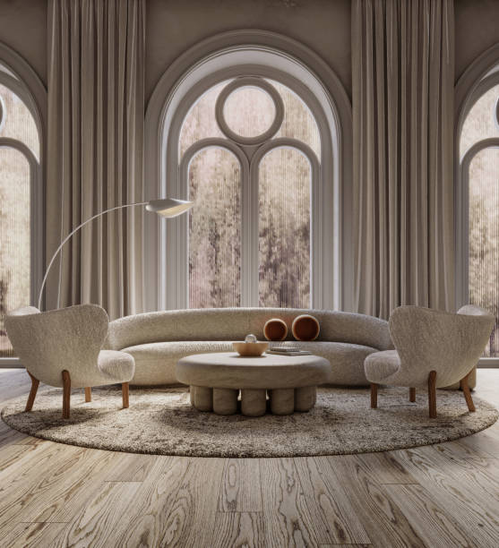 istock Living room interior with arch windows, 3d render 1474070704