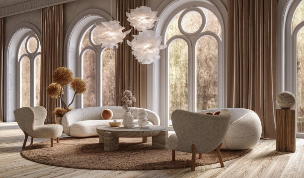 istock Living room interior with arch windows, 3d render 1474070706