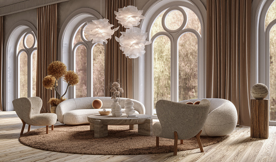 Living room interior with arch windows