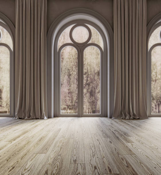 istock Living room interior with arch windows, 3d render 1474070741