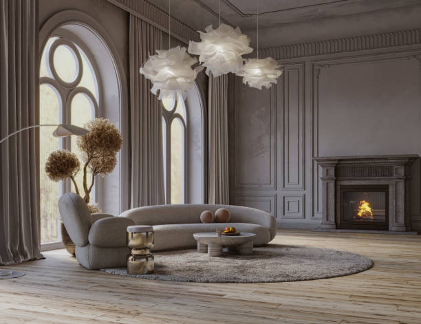 istock Living room interior with arch windows, 3d render 1474070774
