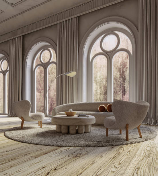 istock Living room interior with arch windows, 3d render 1474070791