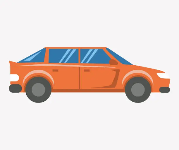 Vector illustration of Orange car, modern hatchback side view. Automobile, driver driven vehicle with motor and wheels