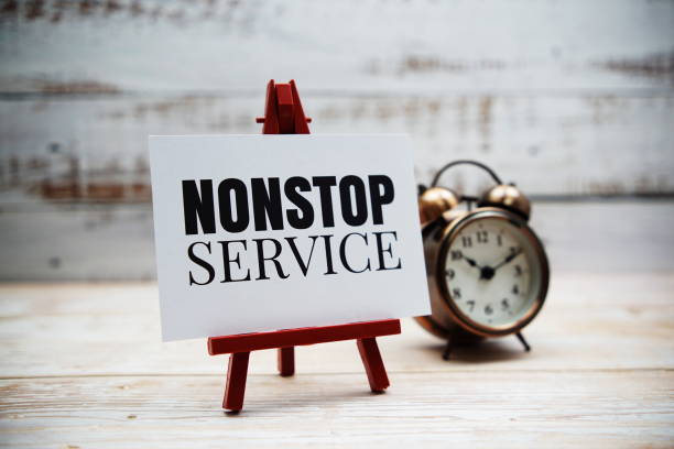 istock Nonstop Service text and alarm clock on wooden background 1474071849