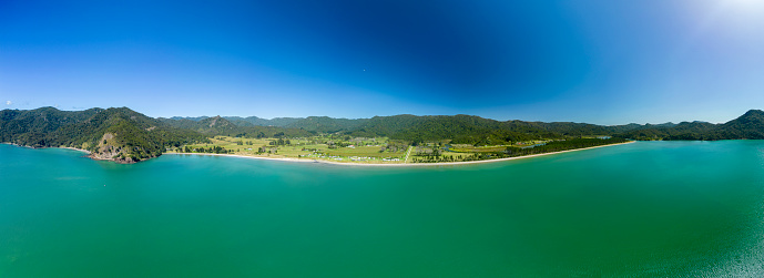 Aerial New Zealand coastline view in North Island New Zealand