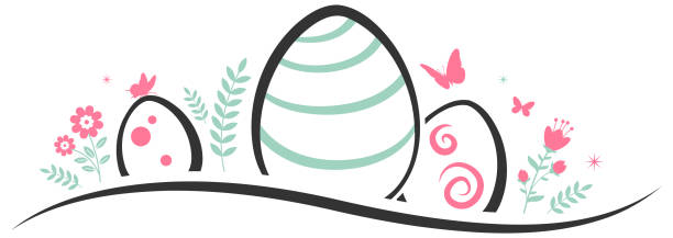 illustrazioni stock, clip art, cartoni animati e icone di tendenza di uova di pasqua dipinte con farfalle e fiori primaverili. banner di disegno vettoriale line art - floral pattern butterfly easter easter egg