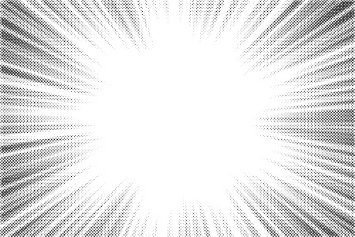 Radial halftone lines background. Comic manga dotted pattern. Cartoon zoom effect with sunrays or bang burst. Vector