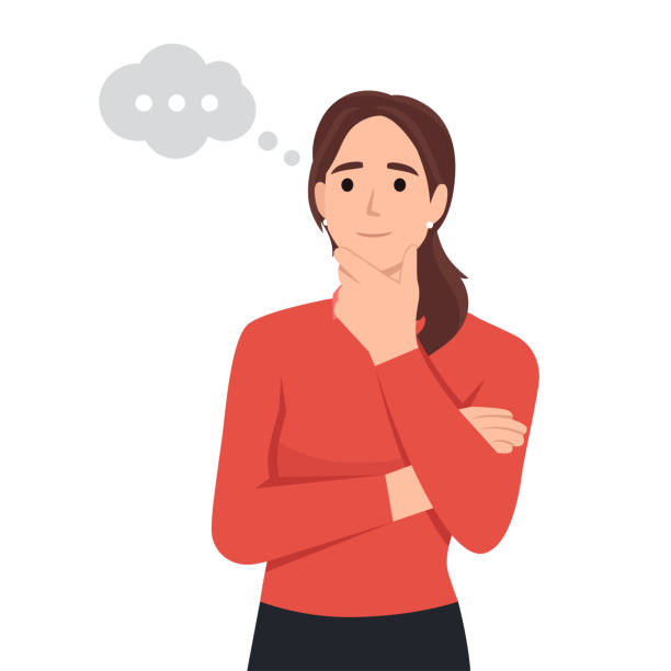 A beautiful woman with her hand on her chin showing a thought, thinking, or having a question. A beautiful woman with her hand on her chin showing a thought, thinking, or having a question. Flat vector illustration isolated on white background women satisfaction decisions cheerful stock illustrations