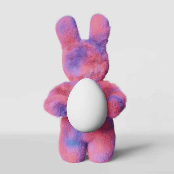 istock Cute plush Easter bunny white egg greeting card 3d rendering. Purple pink rabbit contemporary creative minimalist style. 1474078930
