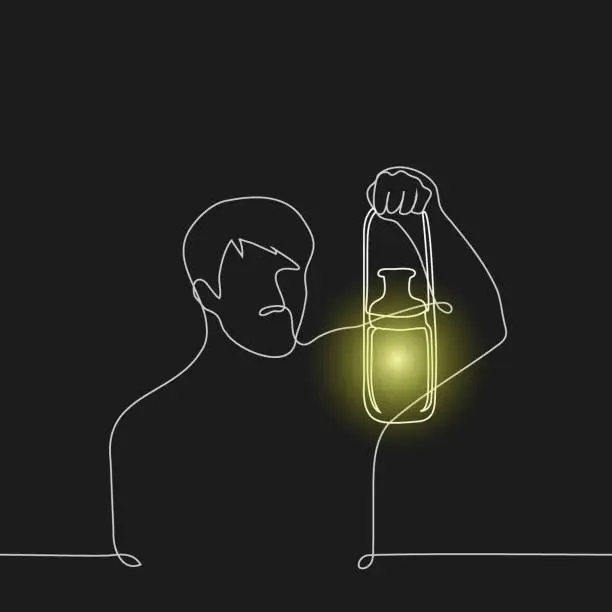 Vector illustration of man in darkness holding vintage lantern with flame - one line drawing vector. the concept vintage light