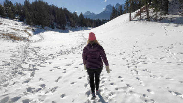 istock Mature couple walk along snowy path in mountain  setting 1474082140