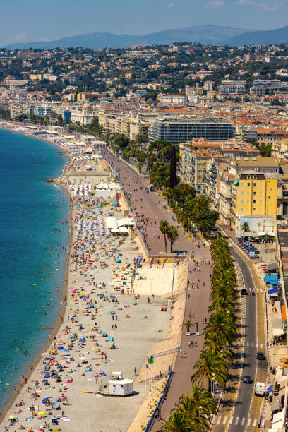 Nice panorama with Vieille Ville old town district, Promenade des Anglais boulevard and beach on French Riviera in France stock photo