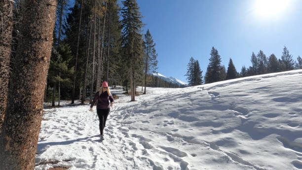 istock Mature couple walk along snowy path in mountain  setting 1474083577