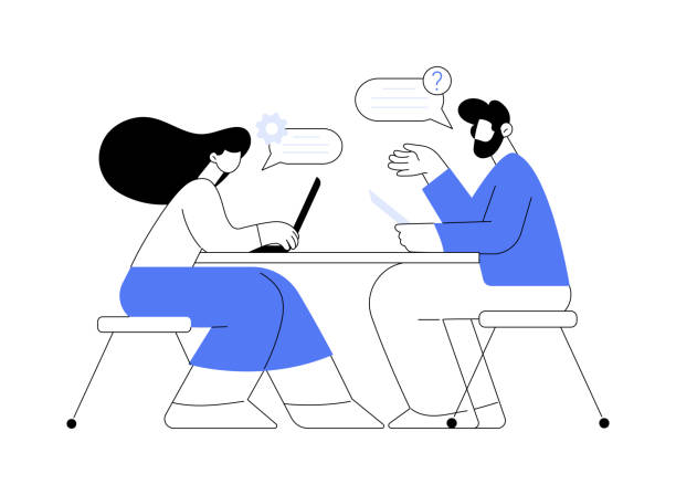 Interviewing a candidate abstract concept vector illustration. Interviewing a candidate abstract concept vector illustration. Professional HR manager has job interview with candidate, human resources, recruiting idea, headhunting agency abstract metaphor. interviewer and interviewee stock illustrations