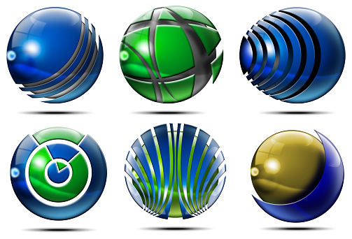 Collection of six spheres isolated on white background with shadows, 3d illustration. Symbols, logos or icons,