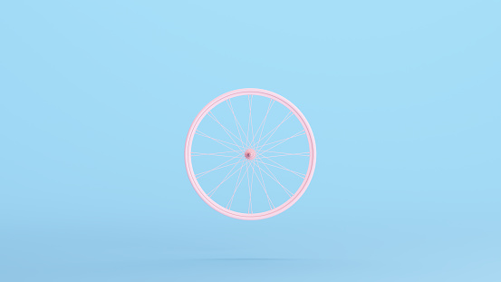 Pink Bicycle Wheel Narrow Race Spokes Cycle Kitsch Blue Background 3d illustration render digital rendering