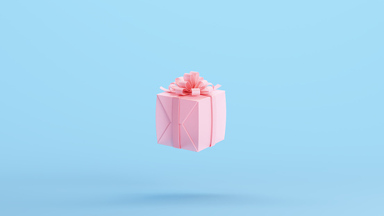 Pink Present Wrapping Paper Surprise Birthday Wedding Box Kitsch Blue Background 3d illustration render digital rendering