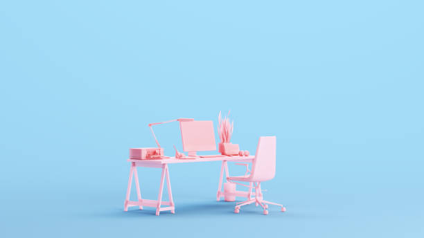 istock Pink Office Desk Studio Space Workplace Remote Working Place of Business Work Kitsch Blue Background 1474086688