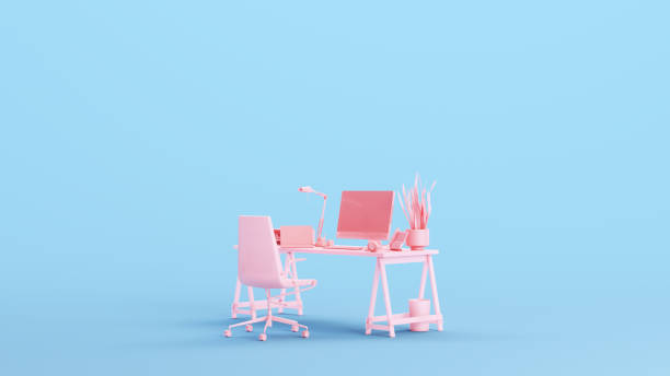 istock Pink Office Desk Studio Space Workplace Remote Working Place of Business Work Kitsch Blue Background 1474086693